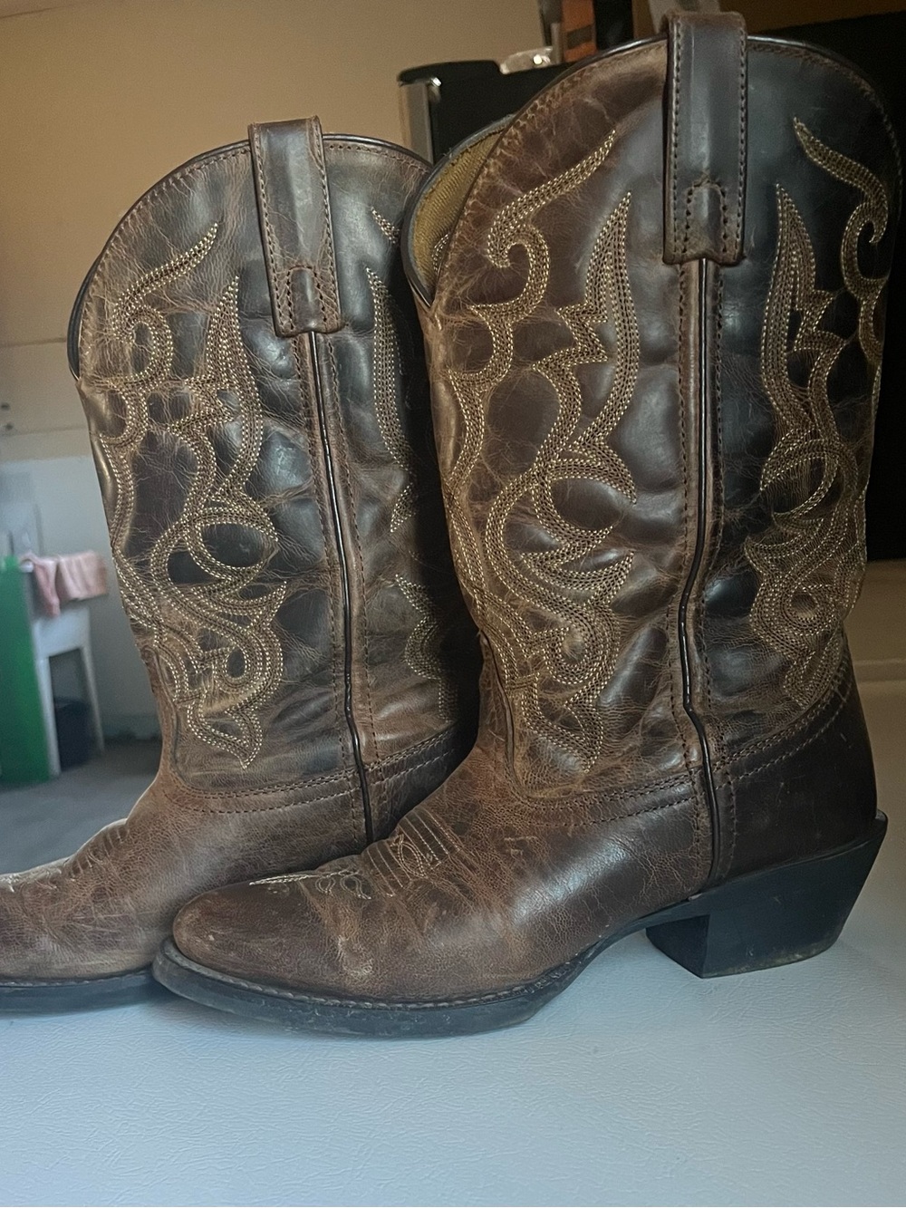 Laredo Brown Embroidered Leather Heeled Cowboy Boots Wide Calf